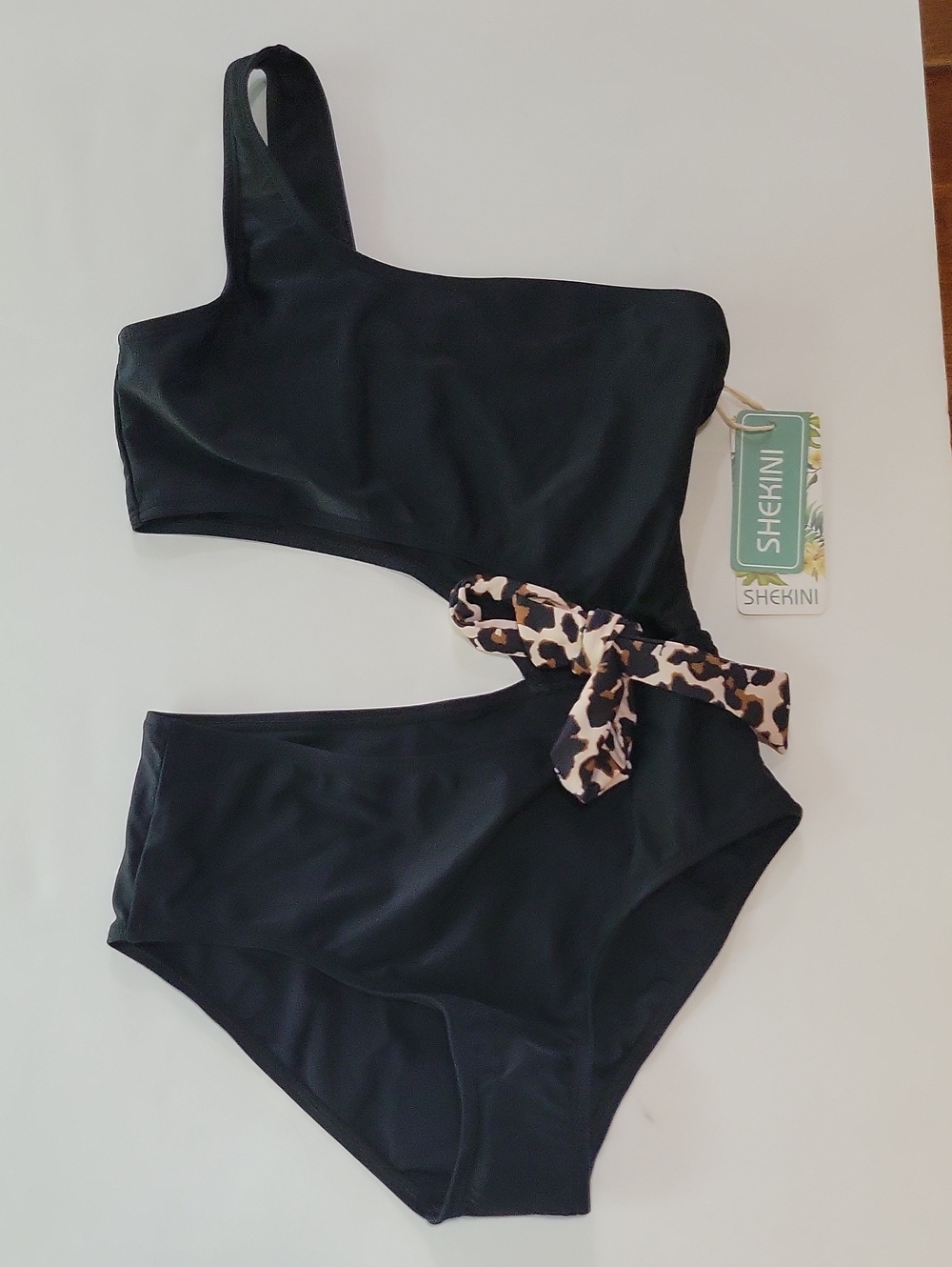 One-Shoulder Black Cutout Swimsuit with Leopard Tie